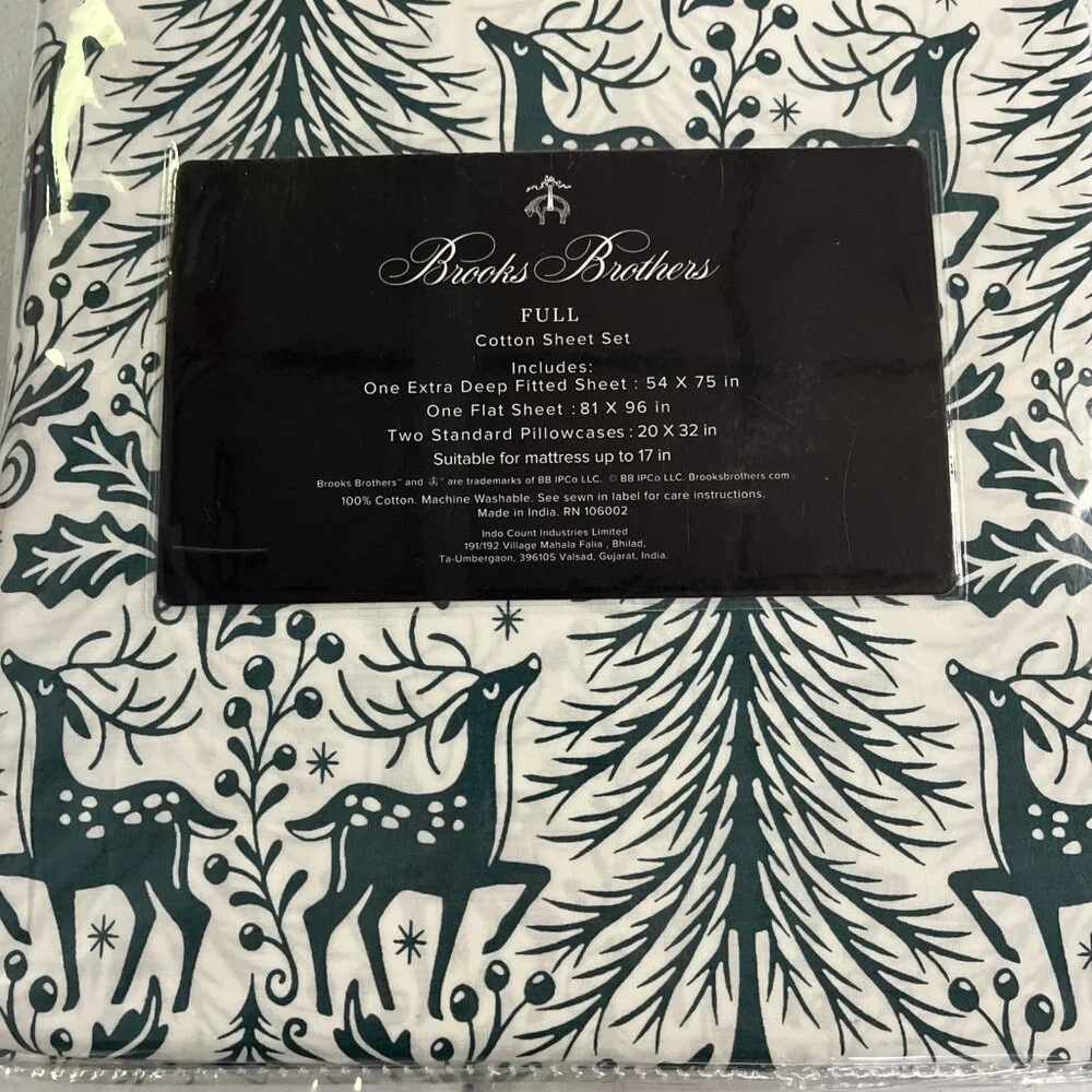 Brooks Brothers‎ Full Sheet Set Holiday Christmas White Green Reindeer Print New
